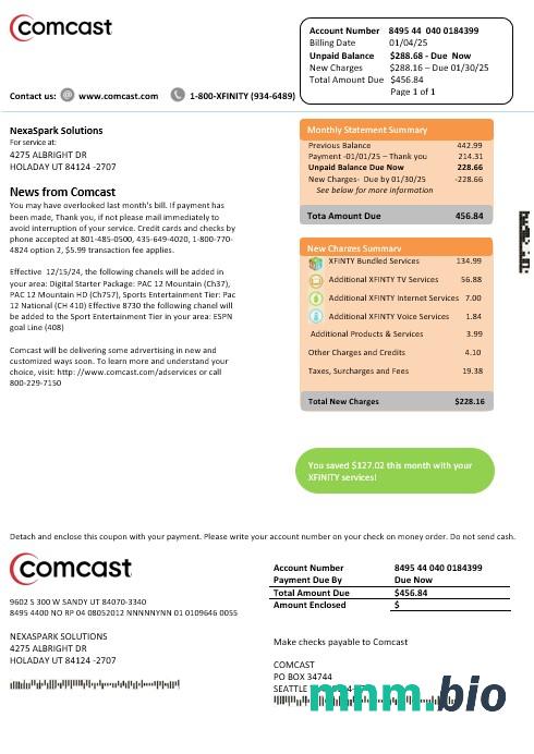 USA Utah Comcast rachunek za usługi komunalne szablon w formacie Word i PDF, Wersja 2
